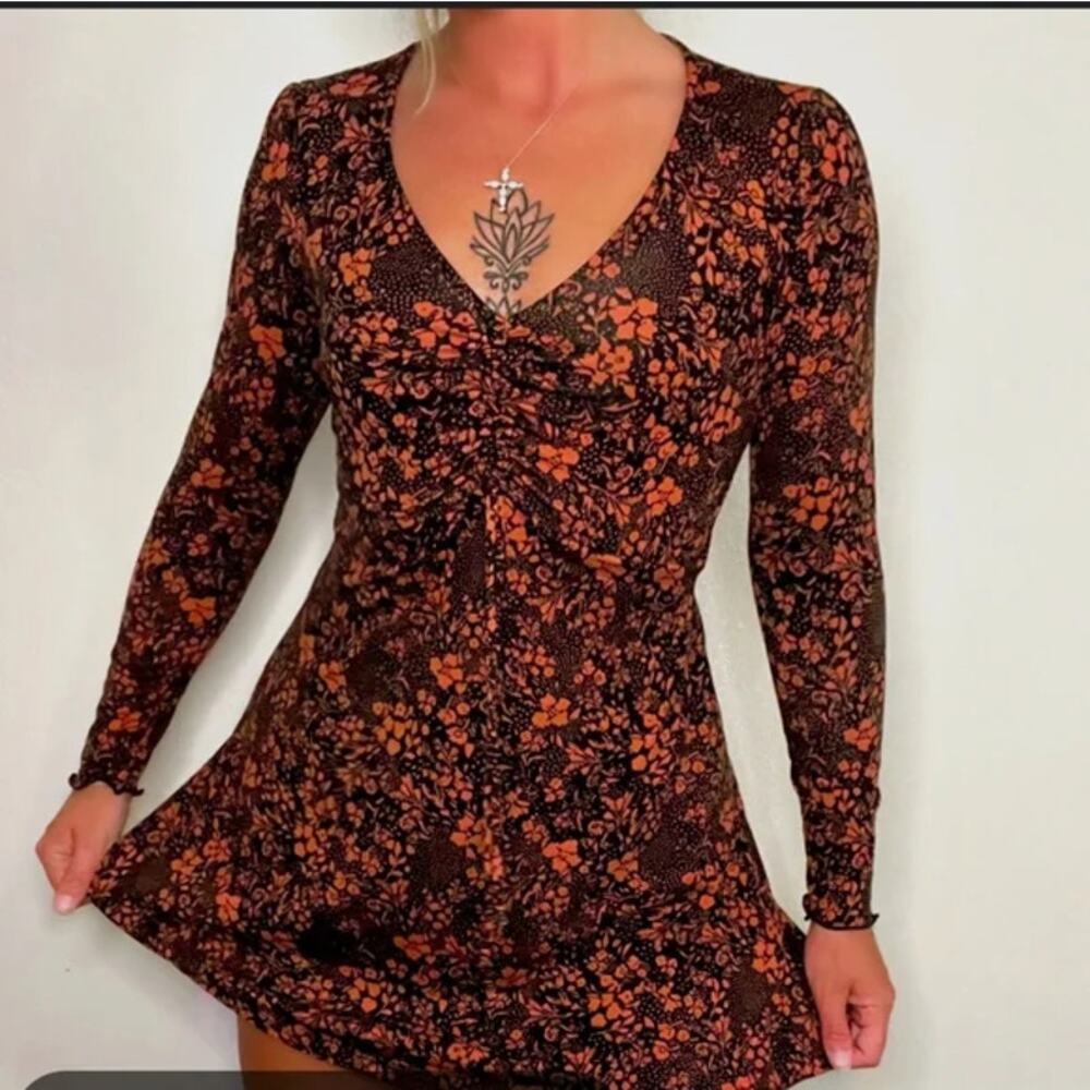 Altar'd State XS Black Orange Deep V Neck Long Sleeve Mini Dress Indie Skater